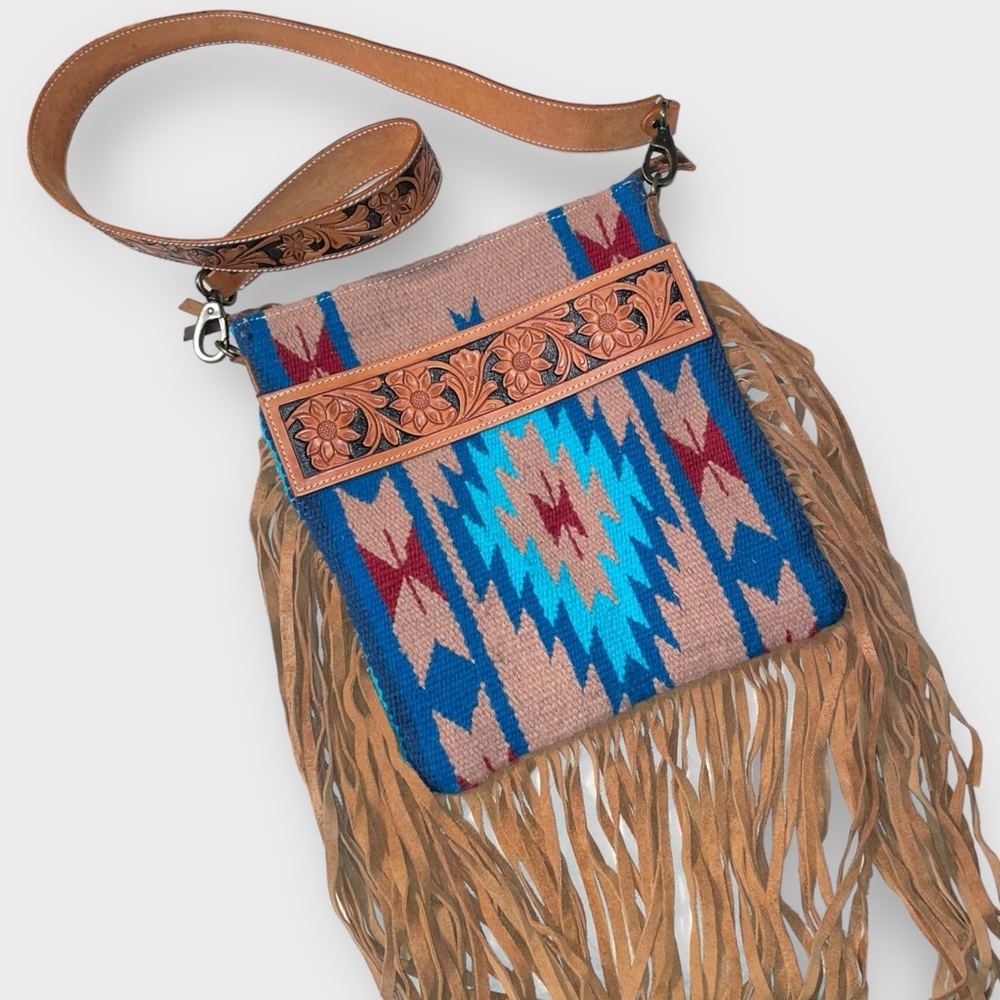 American Darling Cross Body Hand Tooled Saddle Blanket Genuine Leather Bag